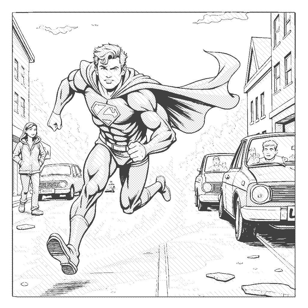 Coloring Page: The Flash's Speed - A superhero with a lightning bolt emblem dashes past a bewildered onlooker, leaving a trail of energy in his wake. In the background, cars are stopped, and pedestrians look on, amazed.