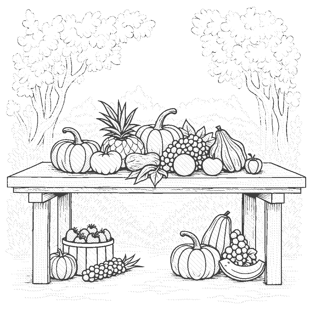 Coloring Page: Rustic Harvest Table - A long wooden table set with seasonal fruits and veggies, draped in colorful autumn leaves, surrounded by a tranquil garden.