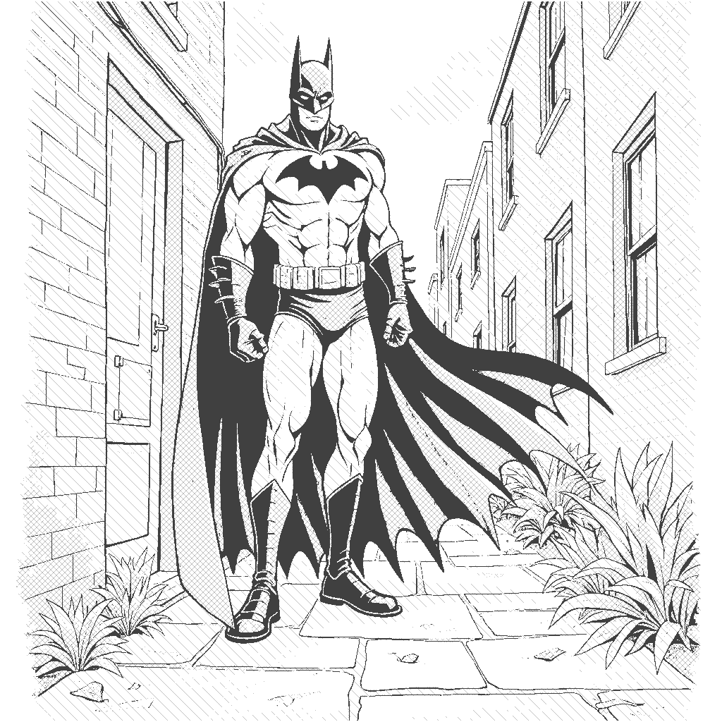 Coloring Page: The Mysterious Vigilante - A shadowy superhero standing in an alley, with a long cape and a piercing gaze, protecting the city from lurking dangers.