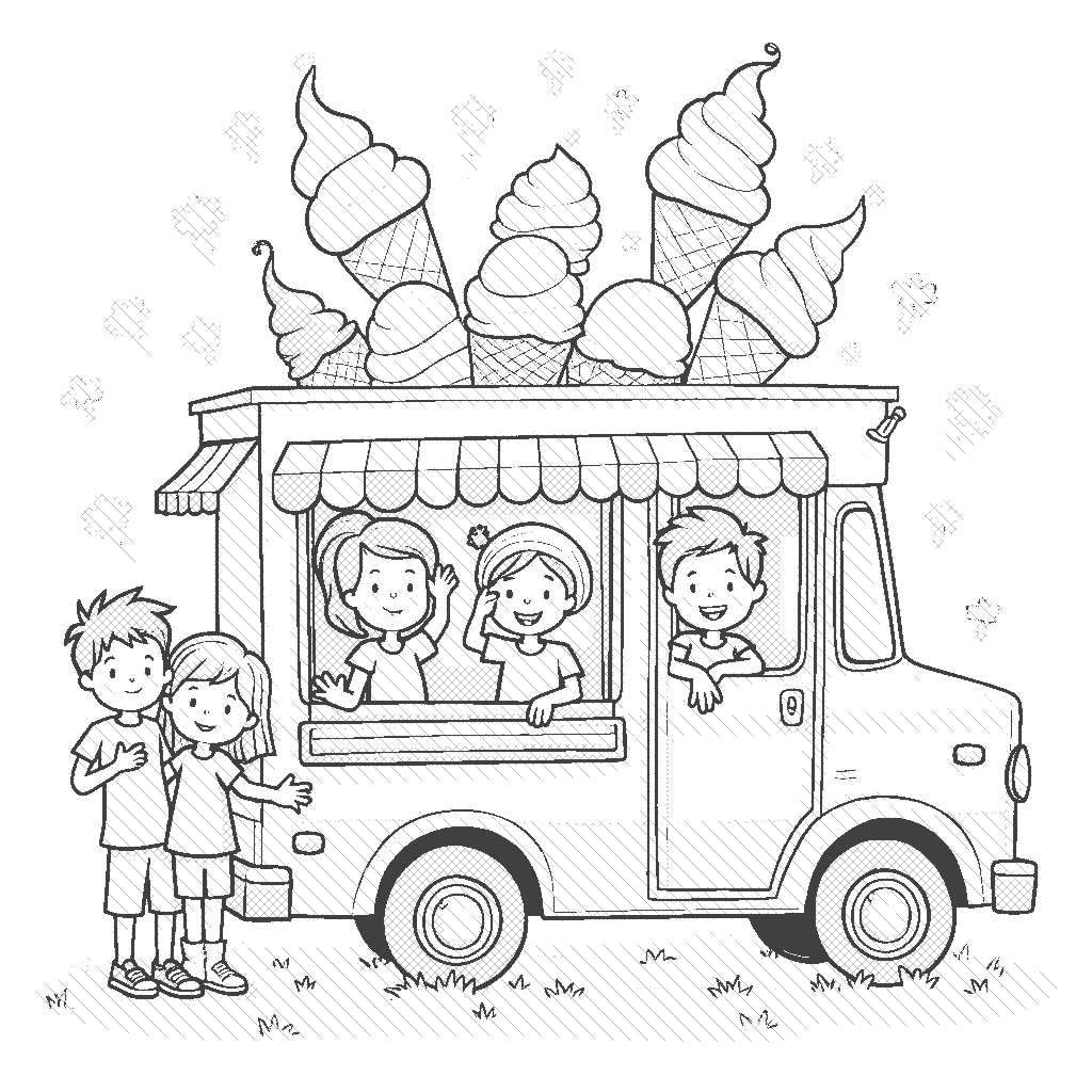 Coloring Page: Ice Cream Truck Festival - A cheerful ice cream truck surrounded by children and colorful ice cream cones in a sunny park.