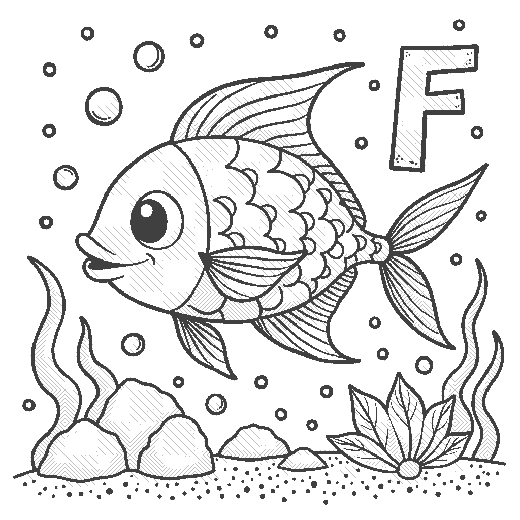 Coloring Page: F is for Fish - A colorful fish swimming next to the letter F, with bubbles around it.