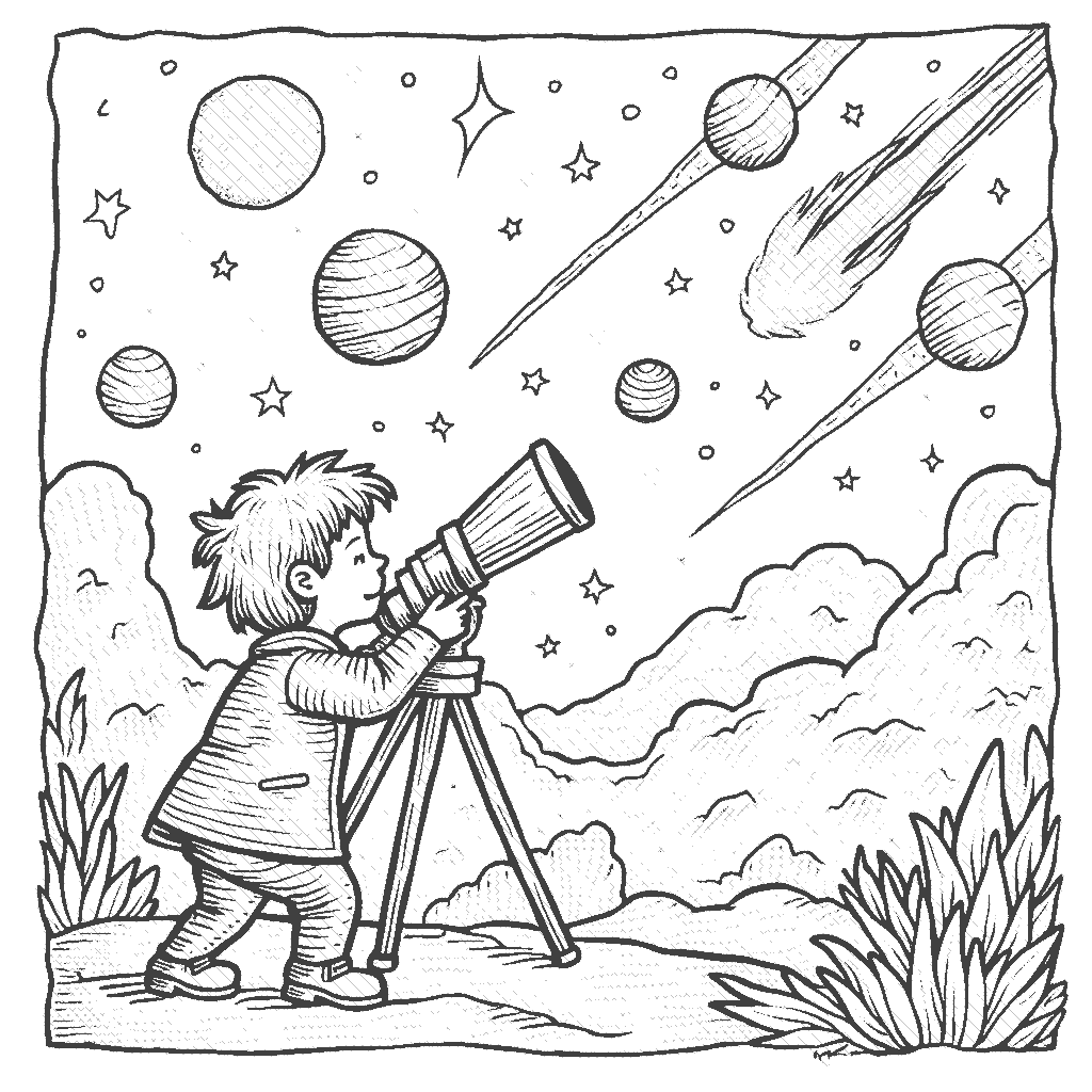 Coloring Page: Astronomer's Night Sky - An astronomer is gazing through a telescope at the stars and planets in the night sky. Comets and constellations are visible in the background.