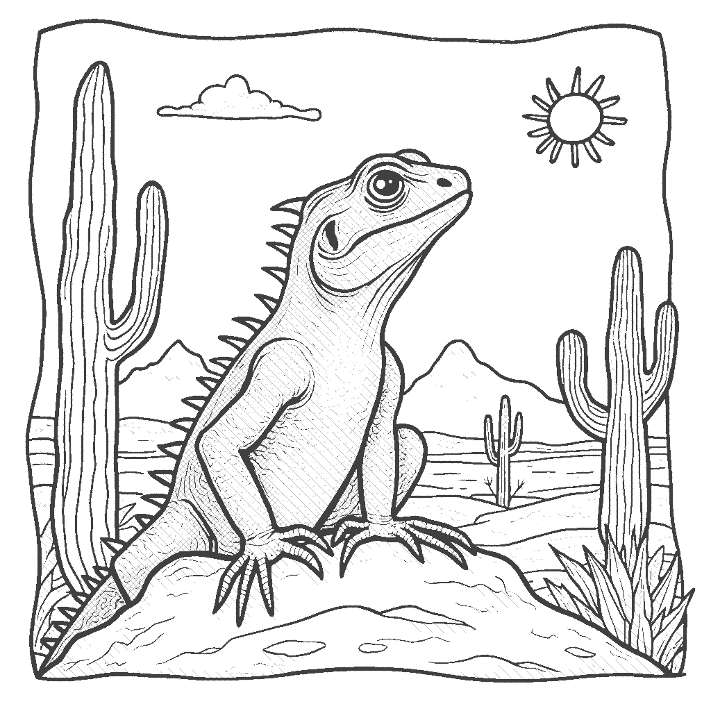 Coloring Page: Lizard on a Rock - A curious lizard sitting on a warm rock, observing the surrounding desert landscape with cacti and a bright sun overhead.