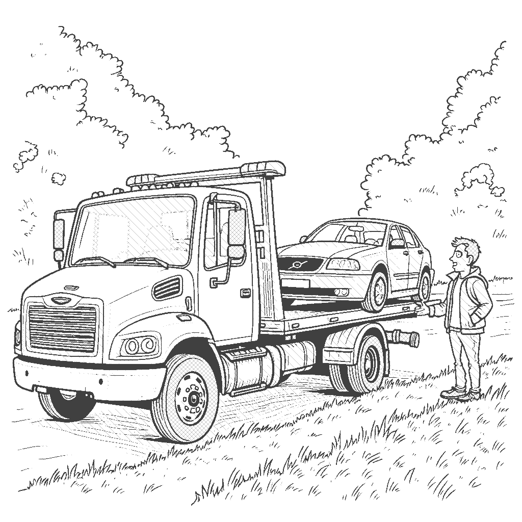 Coloring Page: Tow Truck Rescue - A tow truck is lifting a broken-down car from the side of the road. The driver of the tow truck and a concerned motorist converse as the car gets safely hooked up.