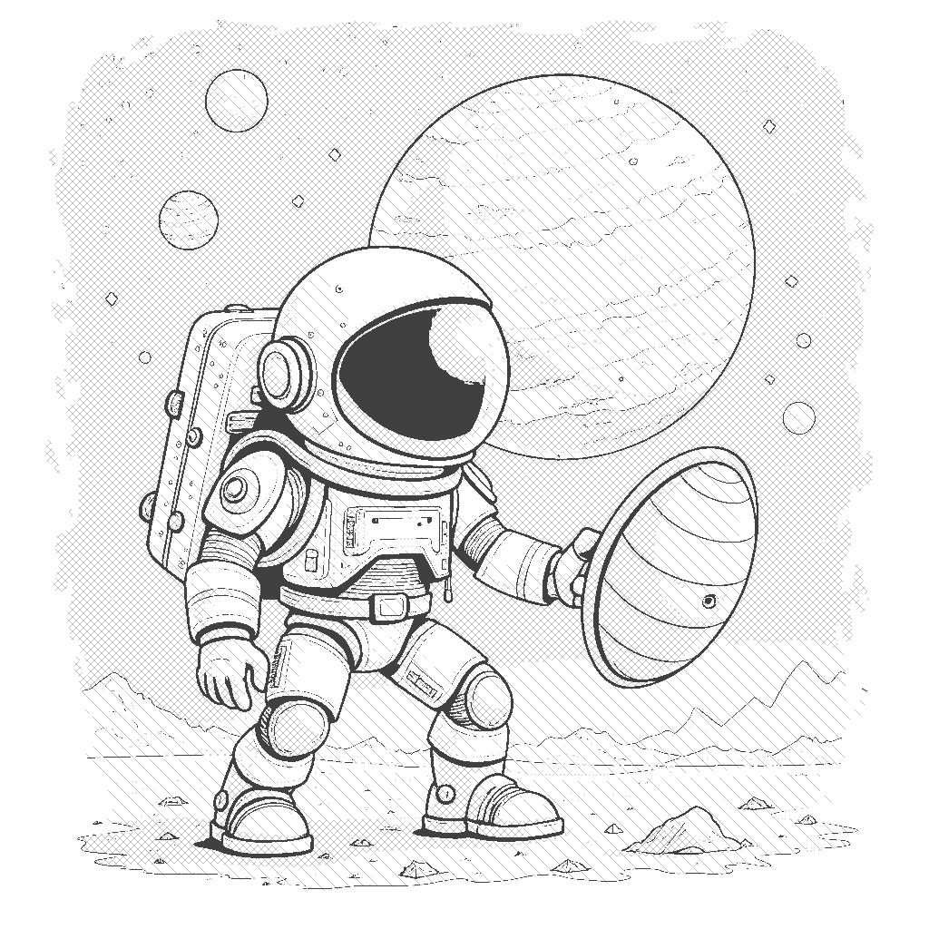 Coloring Page: Galactic Guardian - A fierce-looking but friendly astronaut stands protectively in front of a small, colorful planet, ready to defend it from space debris while holding a futuristic shield. Stars twinkle in the deep space backdrop.