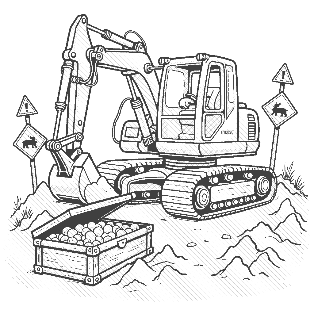 Coloring Page: Excavator Adventure - An excavator is digging up a treasure chest buried in the ground, surrounded by mounds of dirt and construction signs.