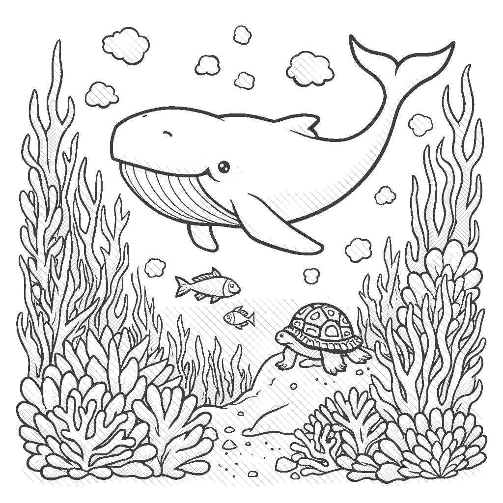 Coloring Page: Underwater Adventure - A friendly whale swims through a colorful coral reef, surrounded by schools of vibrant fish while a curious turtle peeks from behind a rock.