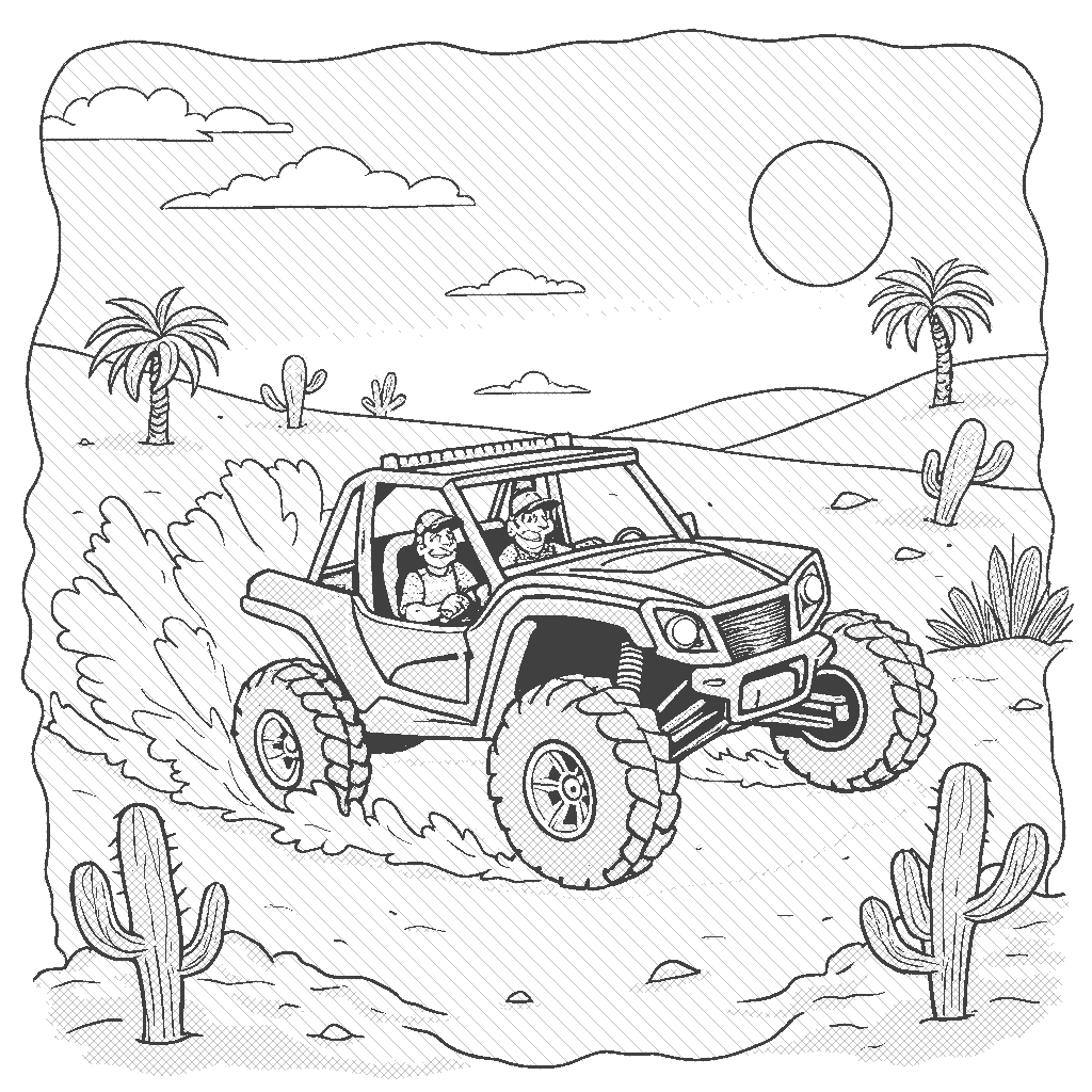 Coloring Page: Desert Buggy Adventure - A desert buggy racing across the sand dunes, kicking up clouds of dust. Cacti are scattered throughout the scene, and a bright sun shines in the clear blue sky. A few palm trees are in the background, providing a hint of oasis.