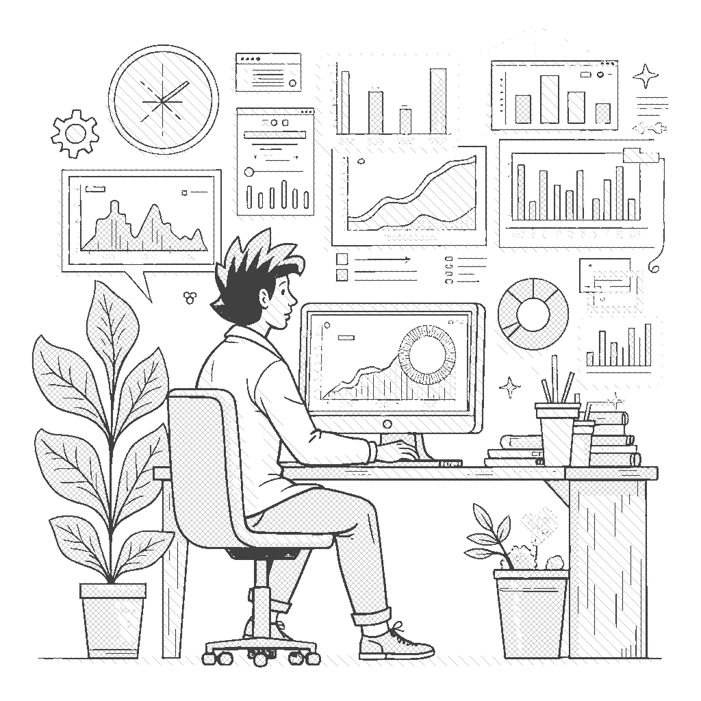 Coloring Page: Data Scientist Experimenting - A data scientist works at a computer surrounded by charts and graphs, analyzing data displayed on multiple screens in an office.