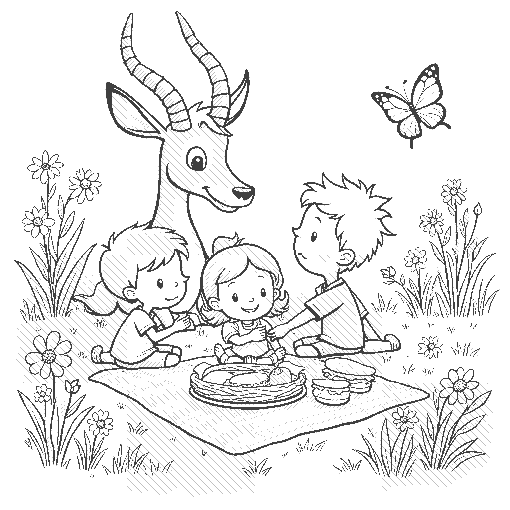 Coloring Page: Antelope at a Picnic - A playful antelope joins children for a picnic in a meadow filled with wildflowers. They're sharing sandwiches and fruit, while butterflies flutter around them.