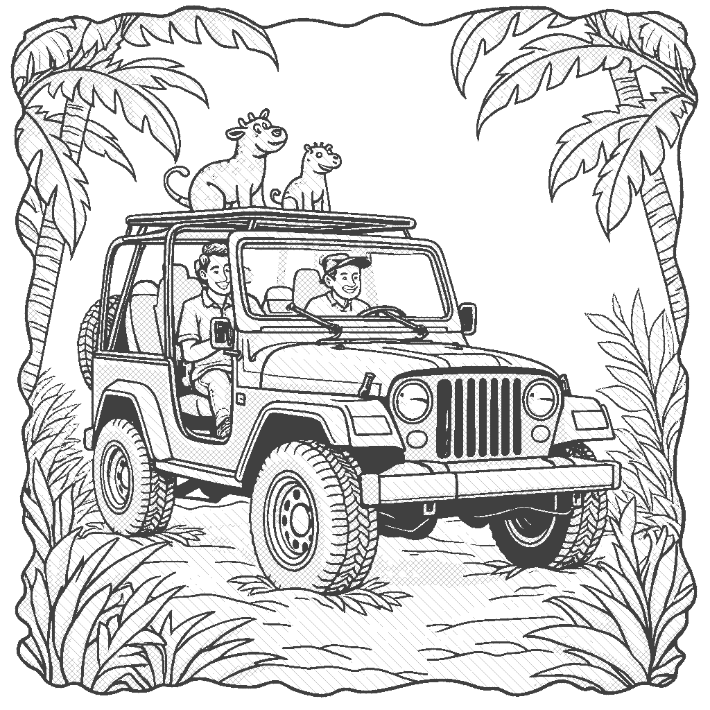 Coloring Page: Jungle Journey - An adventurous jeep driving through a lush jungle filled with exotic flowers, parrots, and vibrant wildlife.