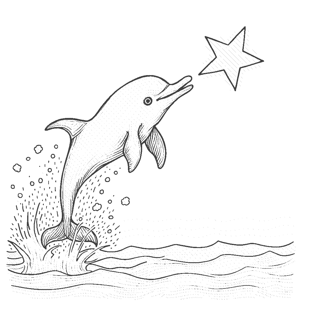 Coloring Page: Dolphin Reaching for a Star - A whimsical dolphin leaping into the air trying to touch a bright star that has fallen into the ocean, with twinkling lights reflecting on the water.