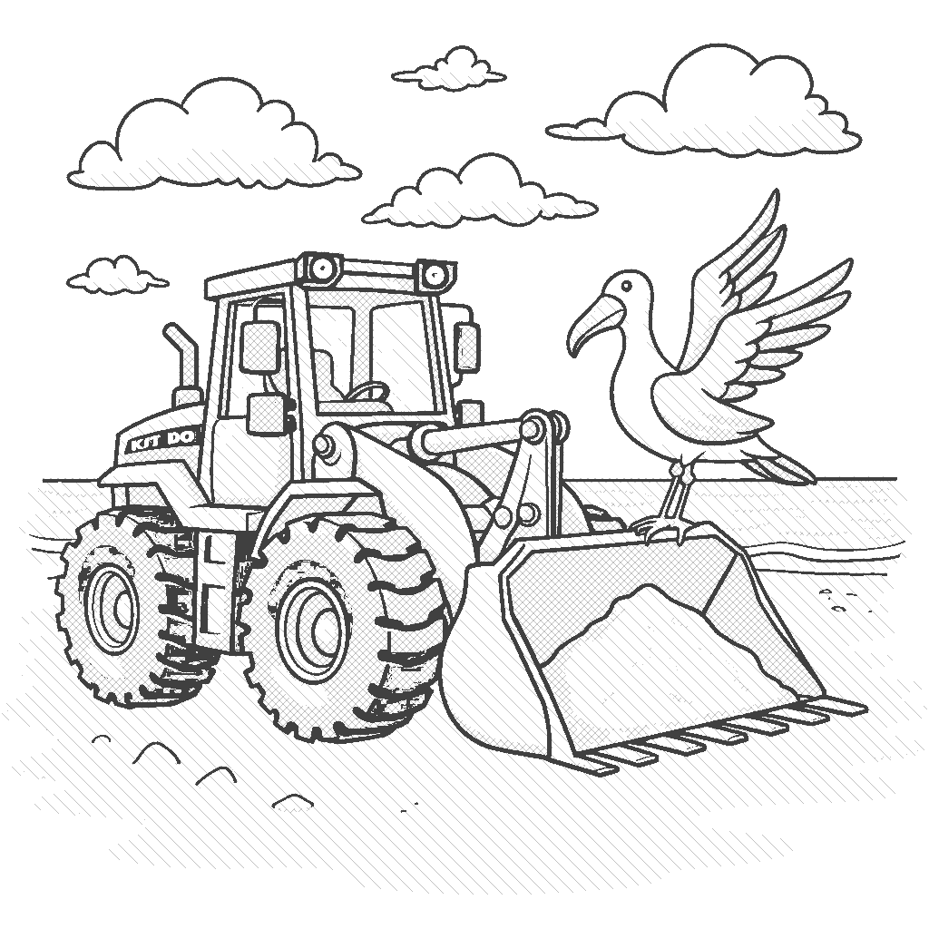 Coloring Page: Loader and Friends - A front-end loader is busy moving sand at a beach construction site, while a seagull is perched on its scoop, apparently supervising the work.