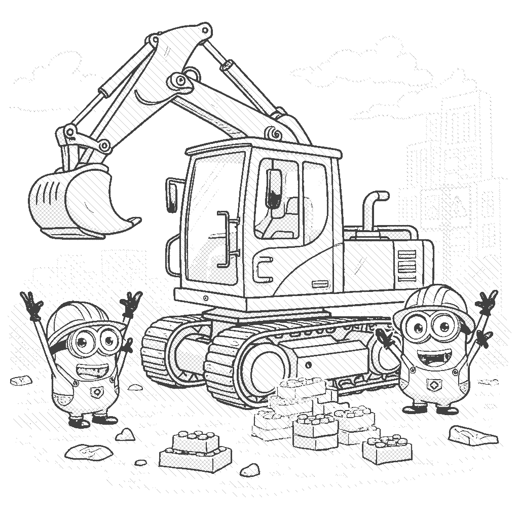 Coloring Page: Digger Truck Construction Party - A happy digger truck is at a construction site, surrounded by playful Minions wearing hard hats, cheering as the digger truck lifts and places colorful bricks. The site is buzzing with energy, and there are fun construction signs all around.