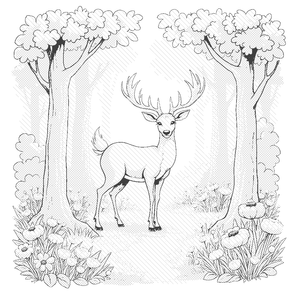 Coloring Page: Deer in a Forest Clearing - A serene deer stands gracefully in a lush forest clearing, surrounded by tall trees and colorful wildflowers. The sunlight filters through the leaves, creating beautiful patterns on the ground.