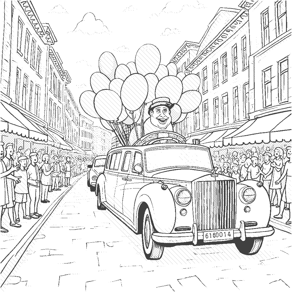 Coloring Page: Limousine Parade - An exciting parade scene featuring a shiny limousine decorated with balloons and streamers, driving down a city street filled with cheering crowds and colorful banners.