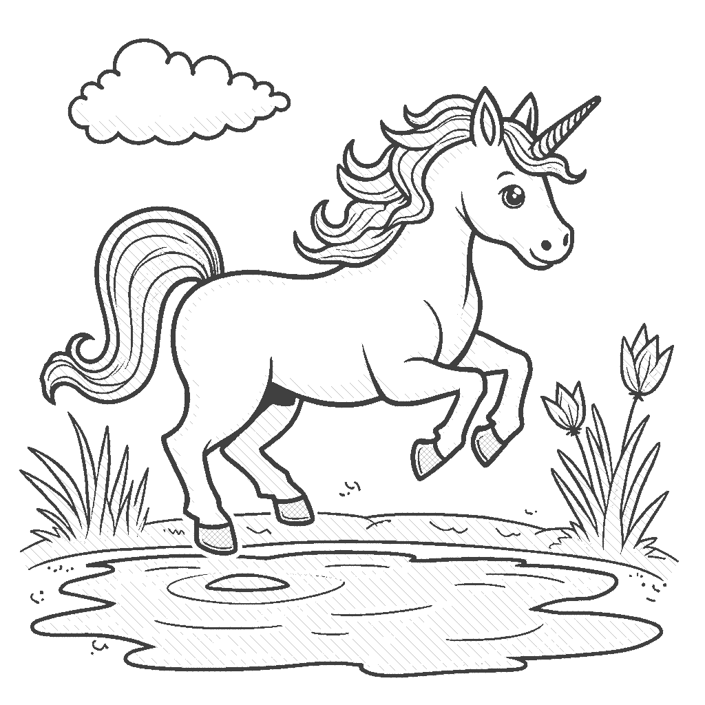 Coloring Page: Unicorn in Puddle Jumping Fun - A unicorn joyfully jumping into puddles on a rainy day, with splashes of water and bright raindrops all around.