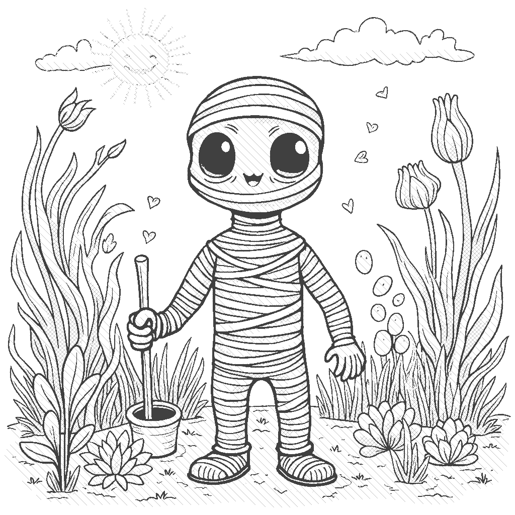 Coloring Page: Mummy's Garden - A friendly mummy tending to a garden filled with glowing plants and flowers with faces. The colors are vivid, with greens, pinks, and yellows shining in a moonlit atmosphere, while butterflies flutter about.