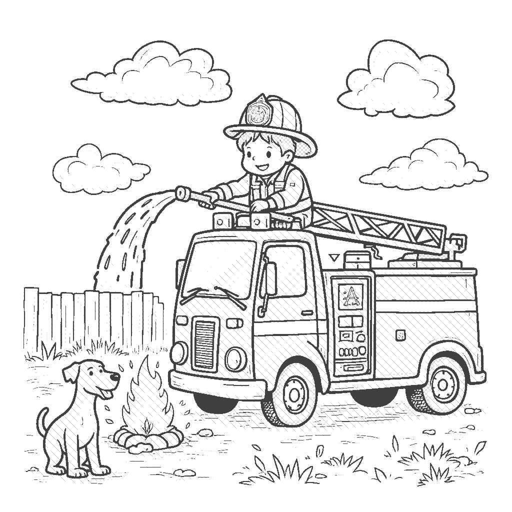 Coloring Page: Fire Truck Rescue - A brave firefighter spraying water on a small fire while standing on a bright red fire truck. The scene shows a happy dog watching from a safe distance, wagging its tail.