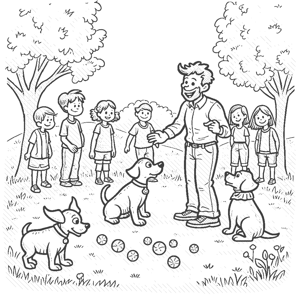 Coloring Page: Dog Trainer at the Park - A dog trainer is teaching a group of excited puppies different tricks at a sunny park. Some puppies are sitting and rolling over, while others are fetching colorful balls. Children watch, laughing and cheering on their furry friends.