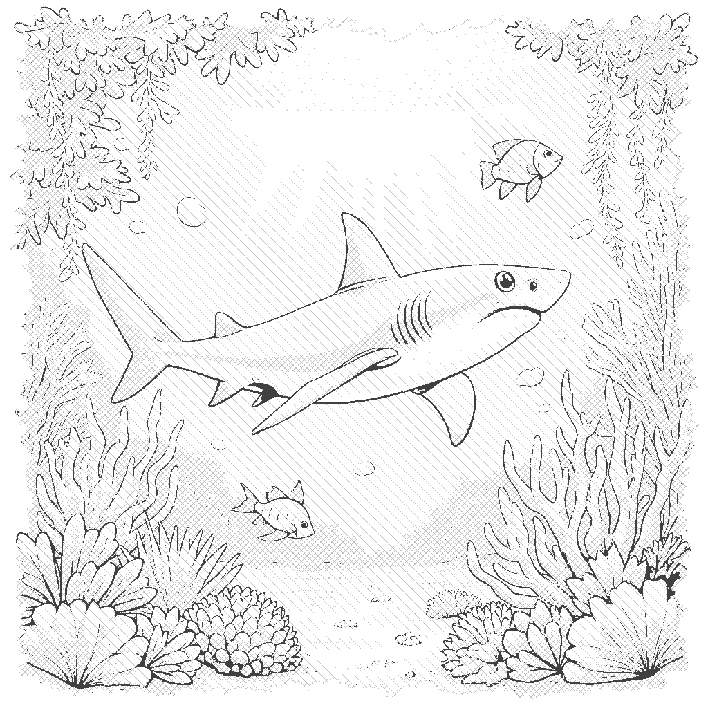 Coloring Page: Shark in a Tropical Lagoon - A curious shark swims gracefully in a clear tropical lagoon, surrounded by colorful fish and coral. The sunlight filters through the water, creating a mesmerizing scene full of life and movement.