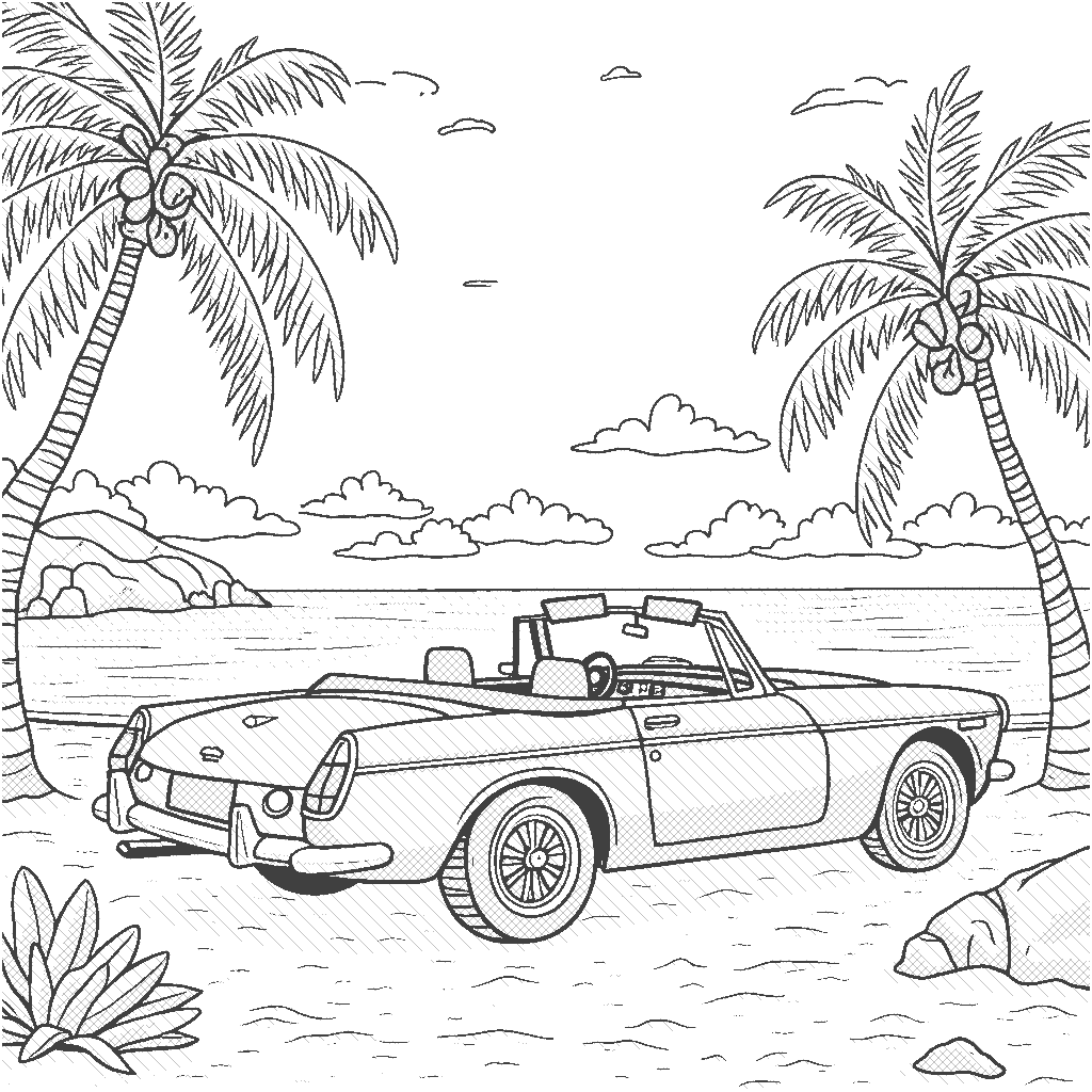 Coloring Page: Tropical Beach Getaway - A convertible parked on a sandy beach, with palm trees swaying and colorful beach umbrellas dotting the shore.