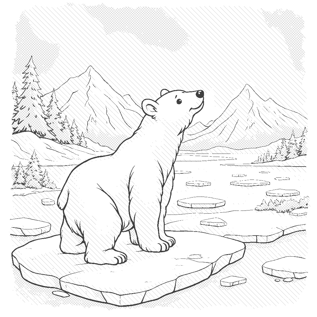 Coloring Page: Polar Bear Adventure - A curious polar bear on an icy landscape, trying to catch a glimpse of shimmering northern lights in the night sky.