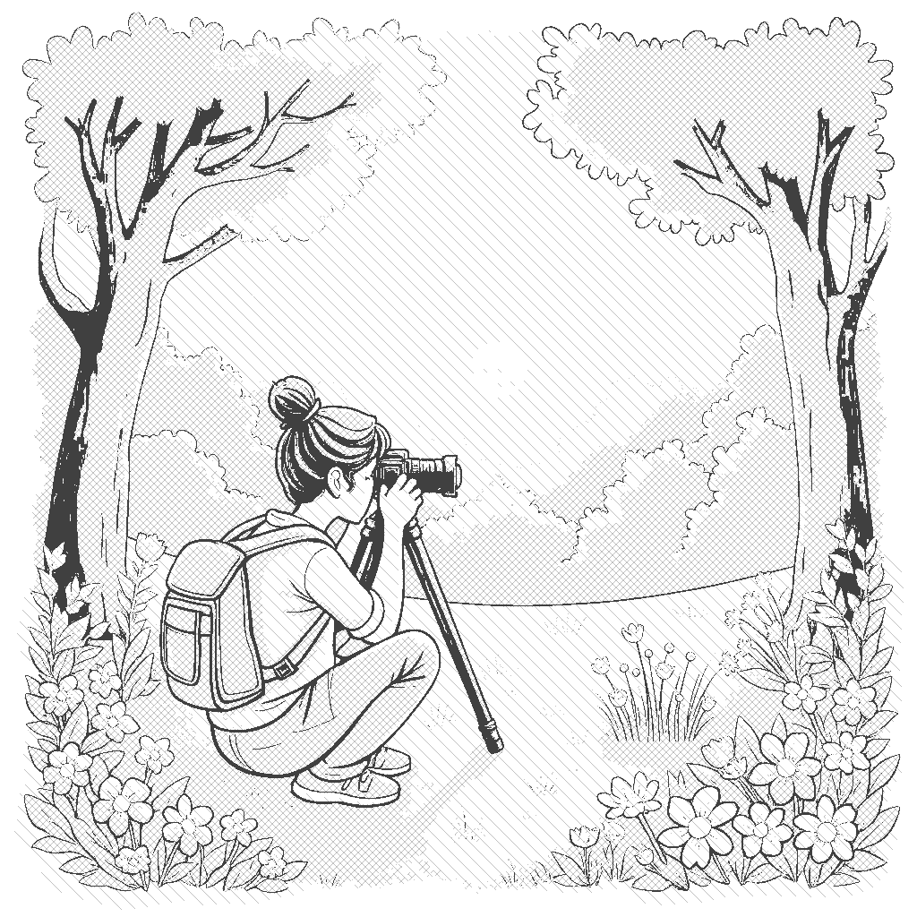 Coloring Page: Photographer in the Park - A photographer is setting up their camera on a tripod, ready to take pictures of a beautiful sunset in the park, surrounded by trees and flowers.