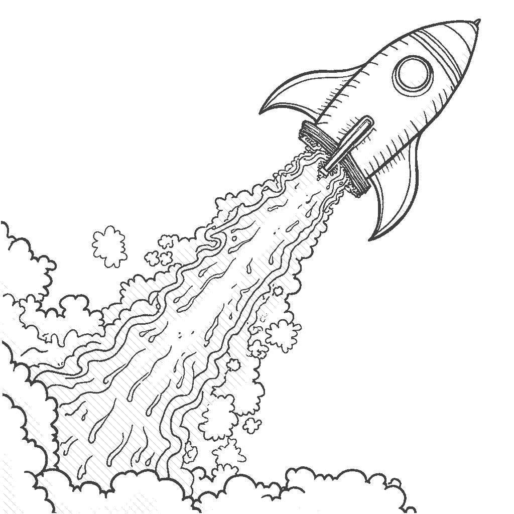 Coloring Page: Space Odyssey - A rocket airplane leaving a colorful trail of stardust as it heads towards a glowing moon and twinkling stars in a deep blue night sky.