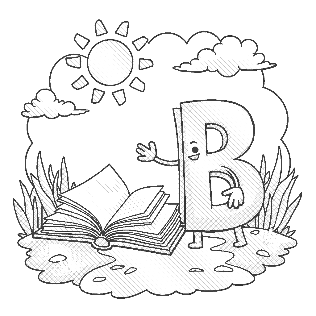 Coloring Page: Letter B with a Book - A colorful letter B stands next to an open book, with pages fluttering in the wind. It's a bright day and the sun is shining.