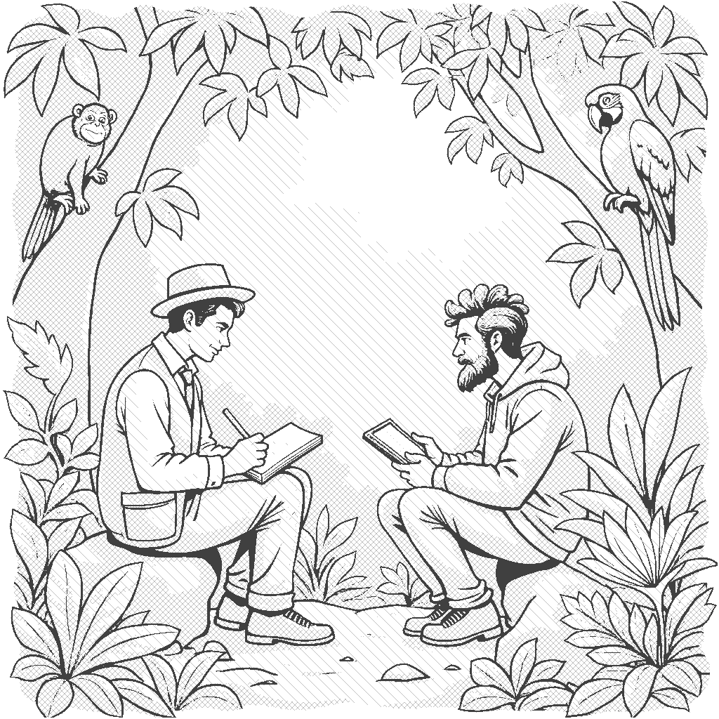 Coloring Page: The Biologist in the Jungle - A biologist is observing exotic plants and animals in a lush jungle. They are taking notes while a curious monkey peeks from behind a tree.