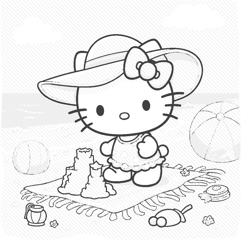 Coloring Page: Hello Kitty at the Beach - Hello Kitty is building a sandcastle on a sunny beach. The sky is a bright blue with fluffy white clouds, and the sand is a warm golden yellow. Hello Kitty is wearing a pink swimsuit with cute polka dots and a wide-brimmed straw hat adorned with a colorful flower. The ocean waves are a sparkling turquoise, and there are beach balls and umbrellas in vibrant red, orange, and yellow scattered around. Nearby, a colorful beach blanket is spread out with snacks and drinks in cheerful pastel colors.