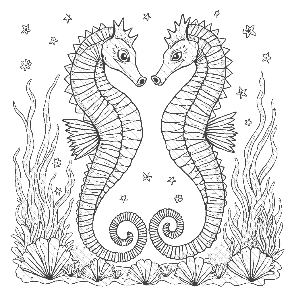 Coloring Page: Seahorse Dance - A pair of graceful seahorses swimming gracefully among seaweed and colorful fish in a coral reef, creating a beautiful underwater dance.