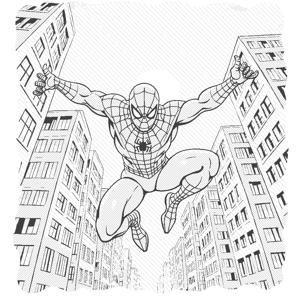 Coloring Page: Web-Slinger in Action - A superhero swinging through the city on a web, with tall buildings in the background and a sunset sky, showcasing agility and grace.