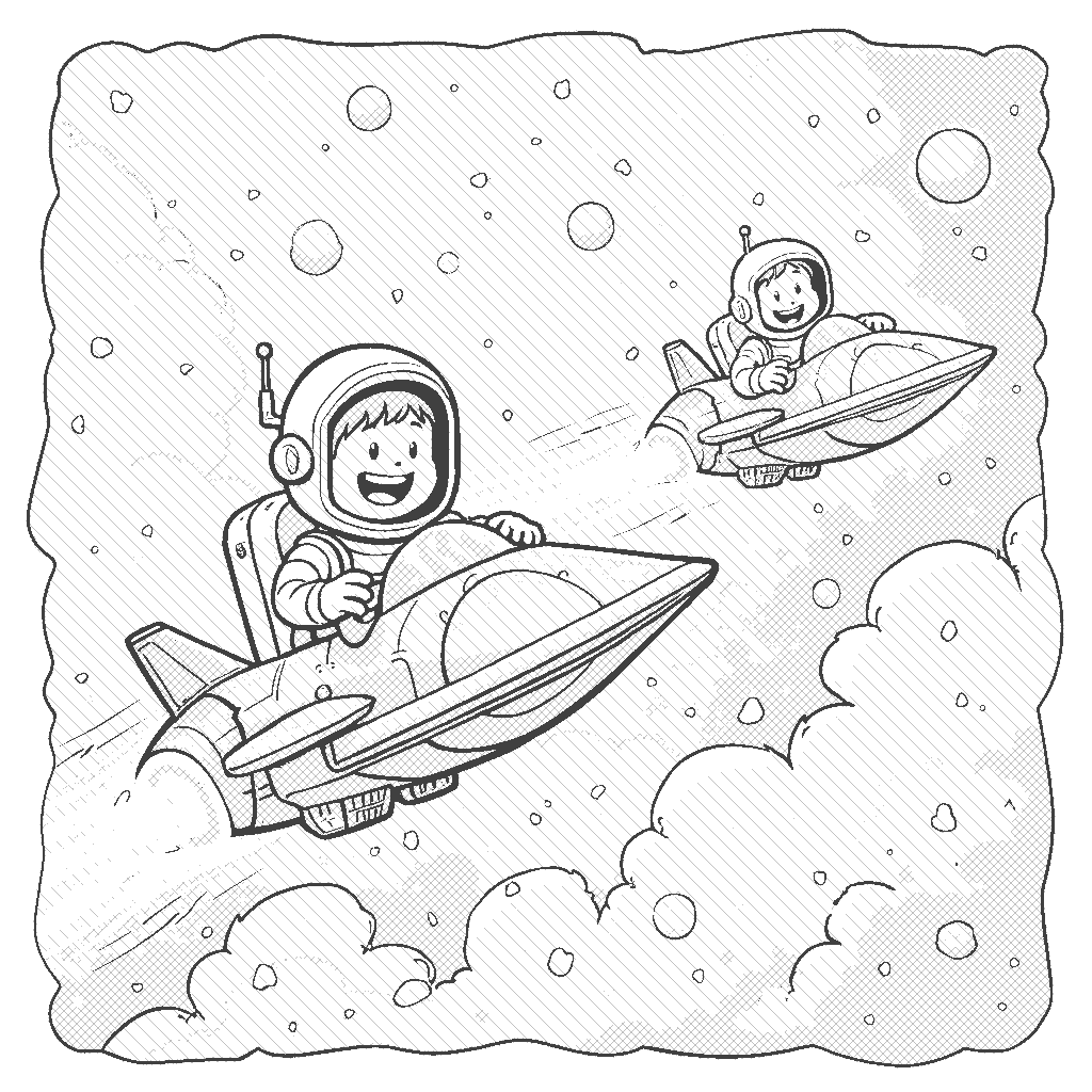 Coloring Page: Galactic Race - Two spaceships race against each other through a colorful nebula. An astronaut in one ship is laughing with glee while the pilot in the second ship is focused on winning the race.