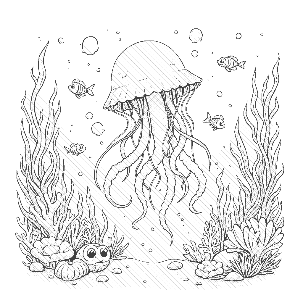 Coloring Page: Jellyfish in the Ocean - A jellyfish floats gracefully through the ocean waters, surrounded by colorful fish and corals. Bubbles emerge from the jellyfish, creating a magical underwater scene.