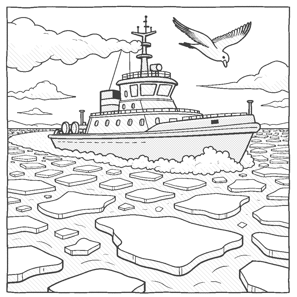 Coloring Page: Icebreaker Journey - An icebreaker ship plowing through thick ice, with a seagull soaring above. The ship's powerful engine creates waves, and the surrounding icy sea glimmers under the sun.