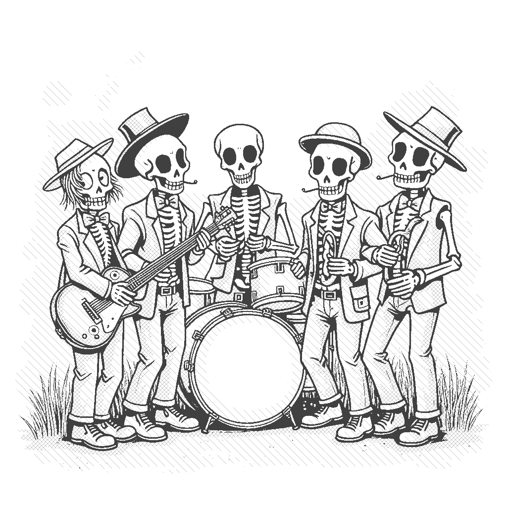 Coloring Page: Skeleton Band - A lively band of skeletons playing musical instruments in a graveyard at night. The band is colorful with accessories like hats and scarves, surrounded by flickering lanterns and spooky trees, under a starry sky.