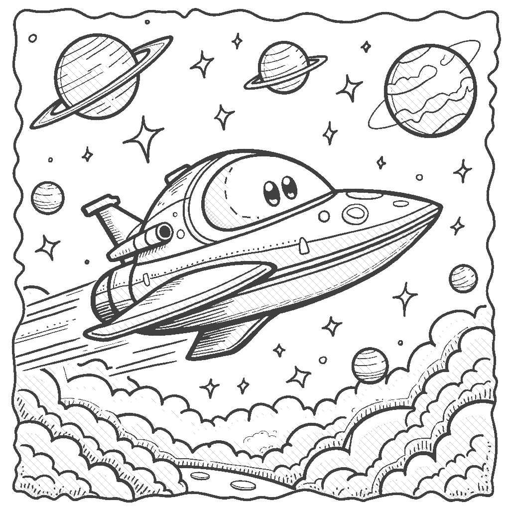 Coloring Page: Spaceship Among the Stars - A sleek spaceship zooms through a field of colorful planets and sparkling stars. The spaceship has a friendly face and is on a mission to explore the galaxy. Various planets of different sizes and colors surround it.