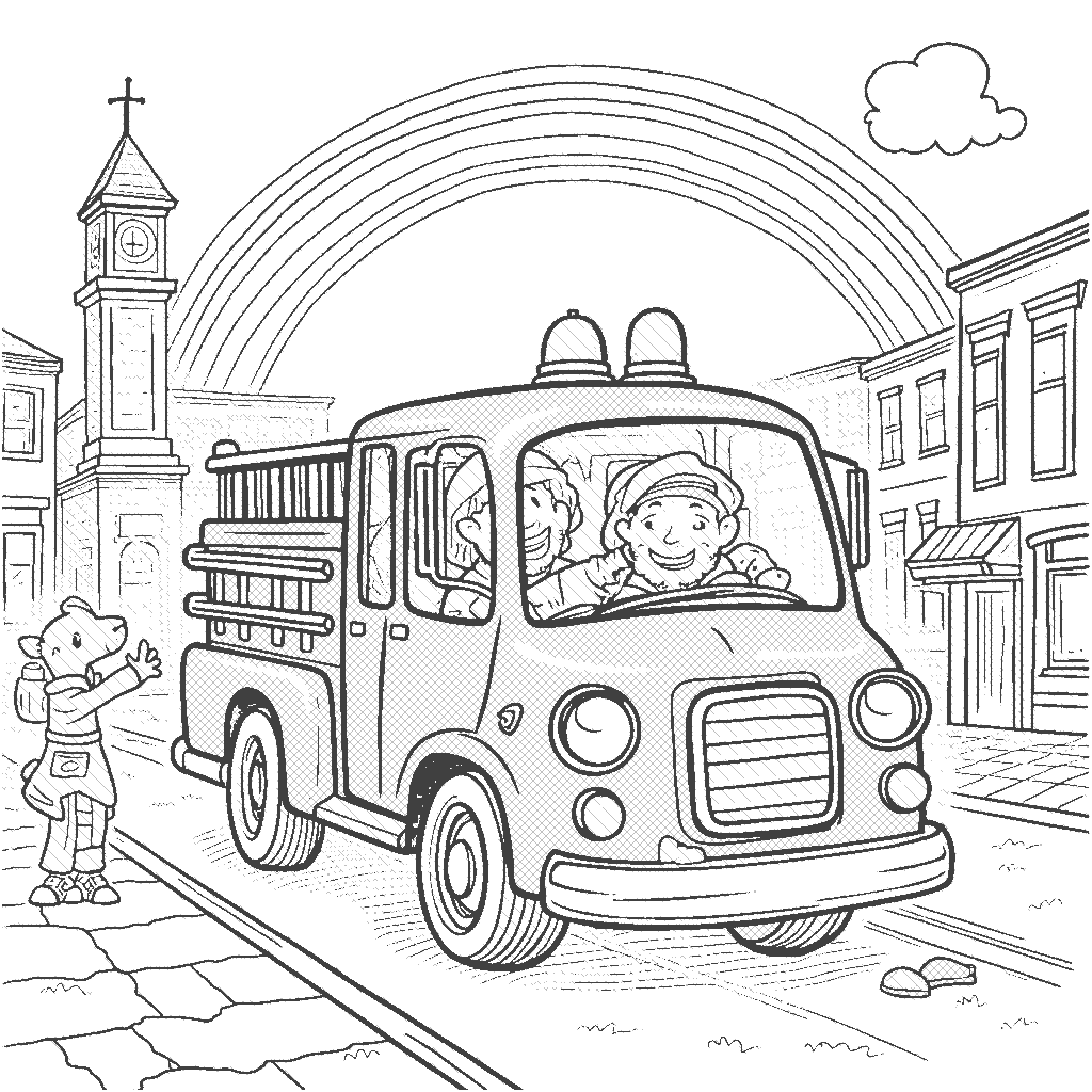 Coloring Page: Fire Engine Adventure - A bright red fire engine zooms down a street, with firefighters waving from the windows and a dog barking happily at the side. In the background, a rainbow arches over a bustling town.