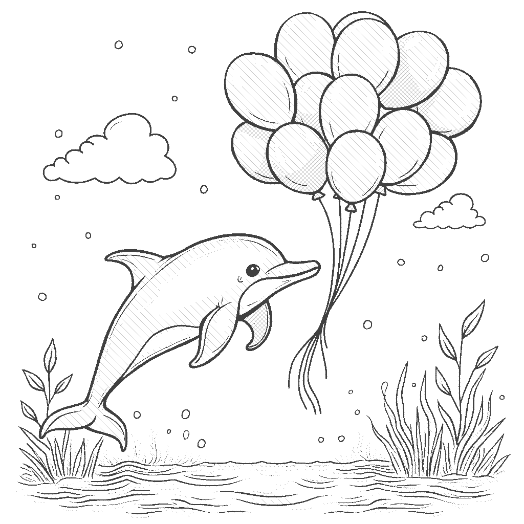 Coloring Page: Dolphin Playing with Balloons - A whimsical dolphin popping colorful balloons floating on the surface, with bright splashes of color against the deep blue sea.