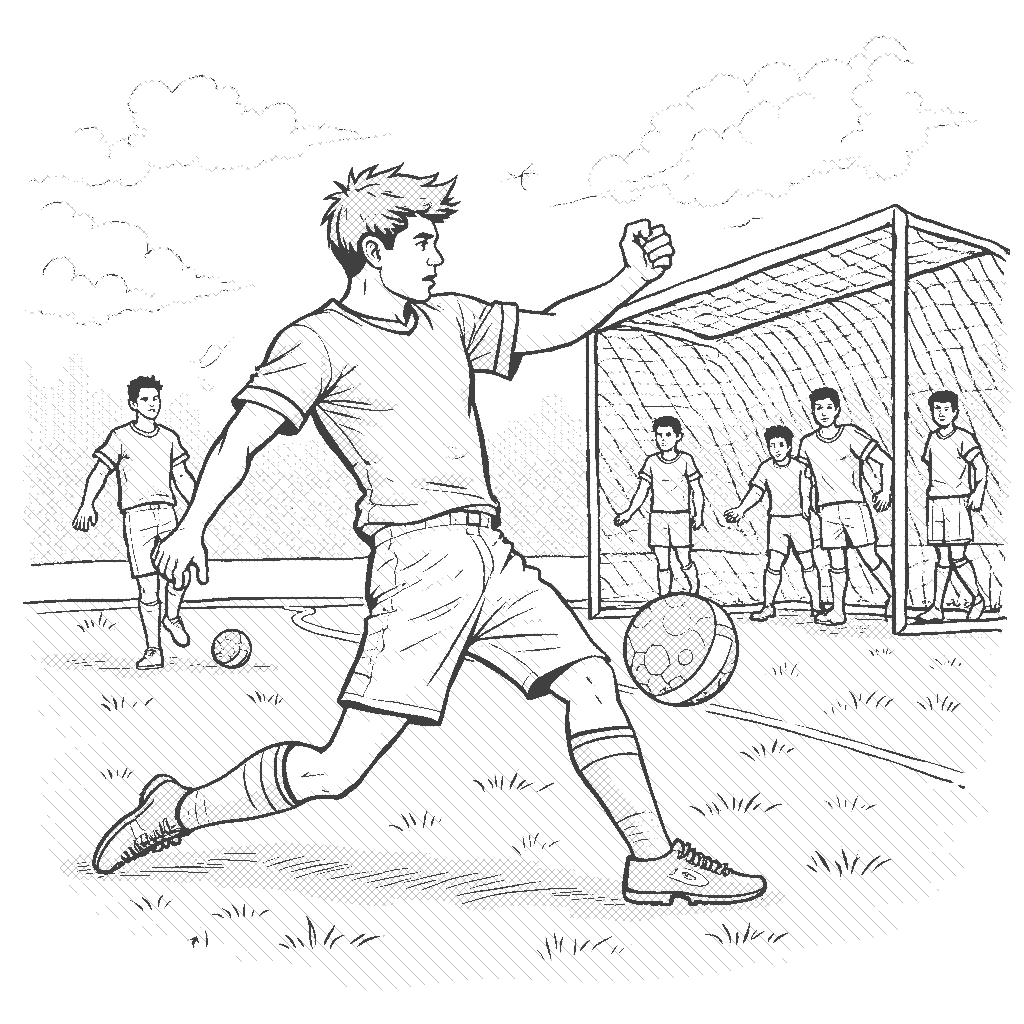 Coloring Page: Football Player Kicking a Ball - A determined football player is in mid-kick on a grassy field, aiming for the goal post in the background. Spectators cheer from the sidelines.