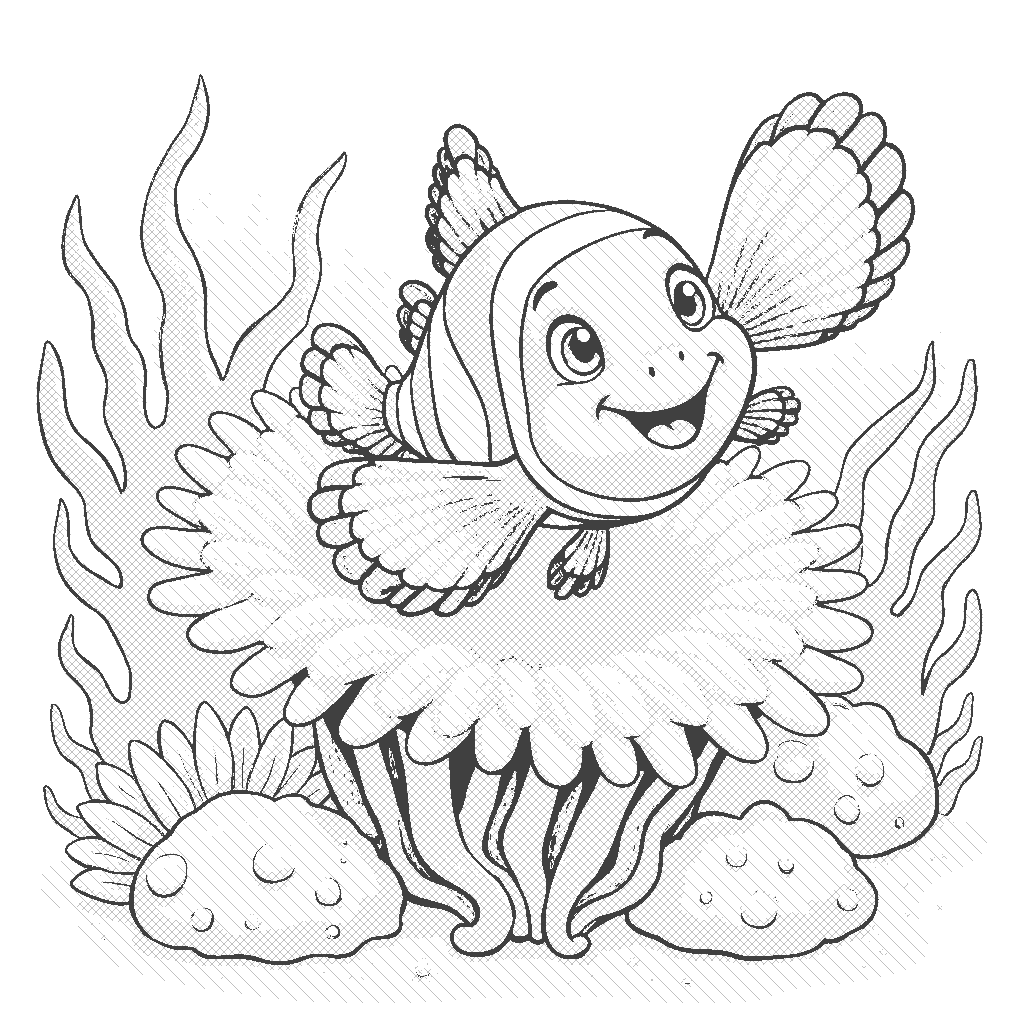 Coloring Page: Clownfish and Sea Anemone - A cheerful clownfish playfully darting in and out of a sea anemone, showcasing the vibrant colors of both the fish and the anemone.