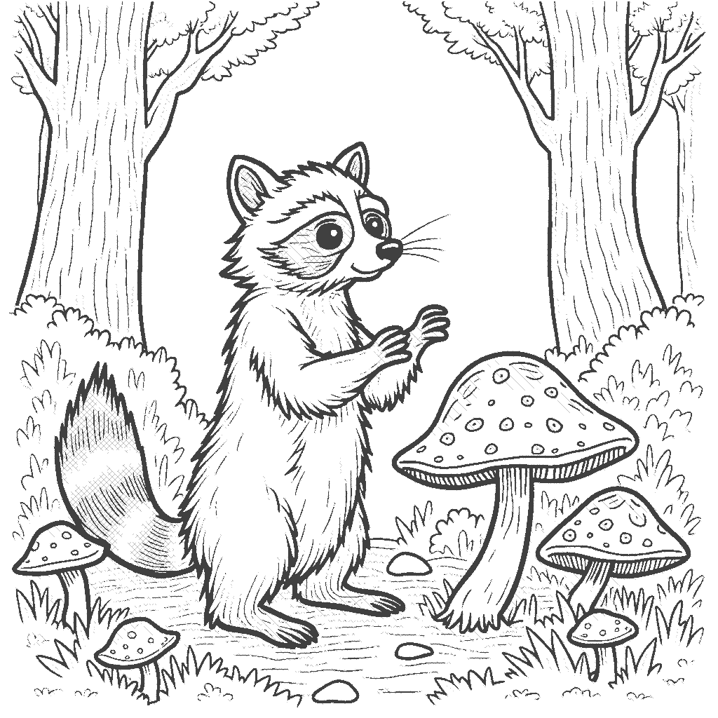 Coloring Page: Raccoon in a Forest - A raccoon stands on its hind legs, curiously looking at a cluster of mushrooms in the forest. Tall trees and bushes can be seen around it.