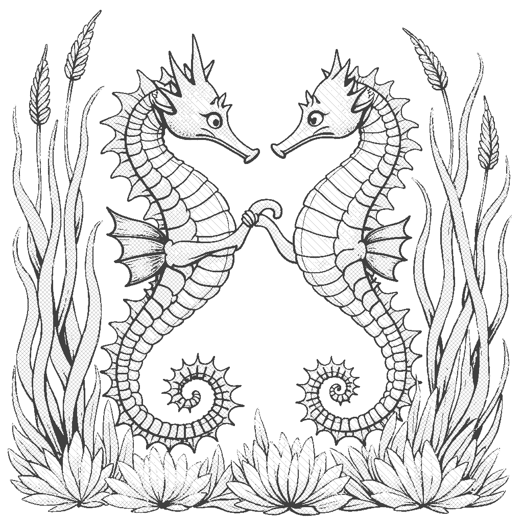 Coloring Page: Seahorse Ballet - Two elegant seahorses perform a graceful dance among swaying seagrasses, creating a beautiful underwater ballet.