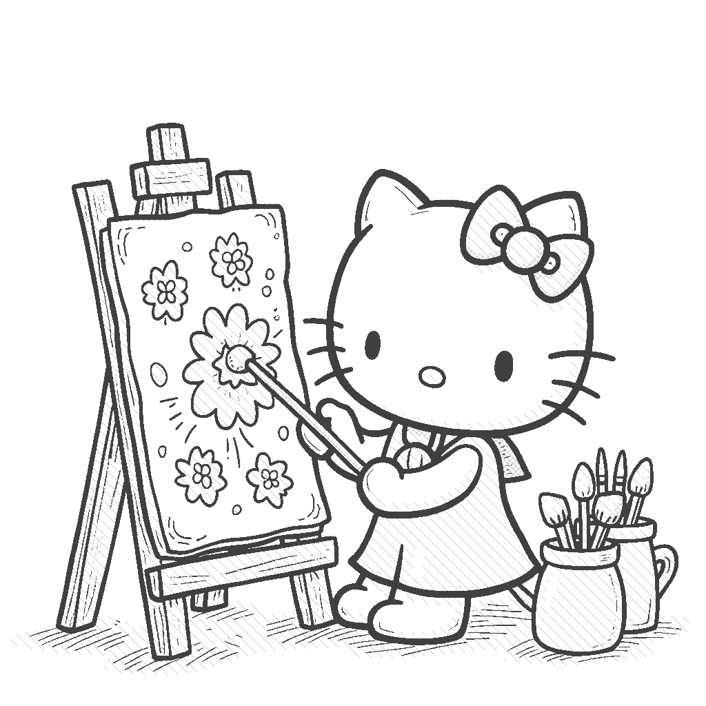 Coloring Page: Hello Kitty Painting Art - Hello Kitty sitting at an easel, painting a bright and whimsical landscape, surrounded by splashes of color and art supplies.