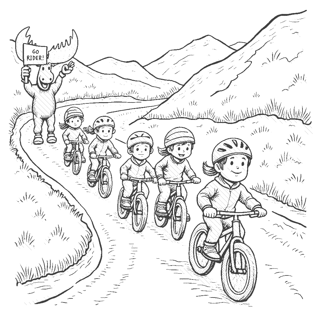 Coloring Page: Bicycle Race Day - A group of children in colorful outfits ride bicycles down a winding road, with a moose cheering them on from the sidelines, holding a ‘Go Riders!’ sign.