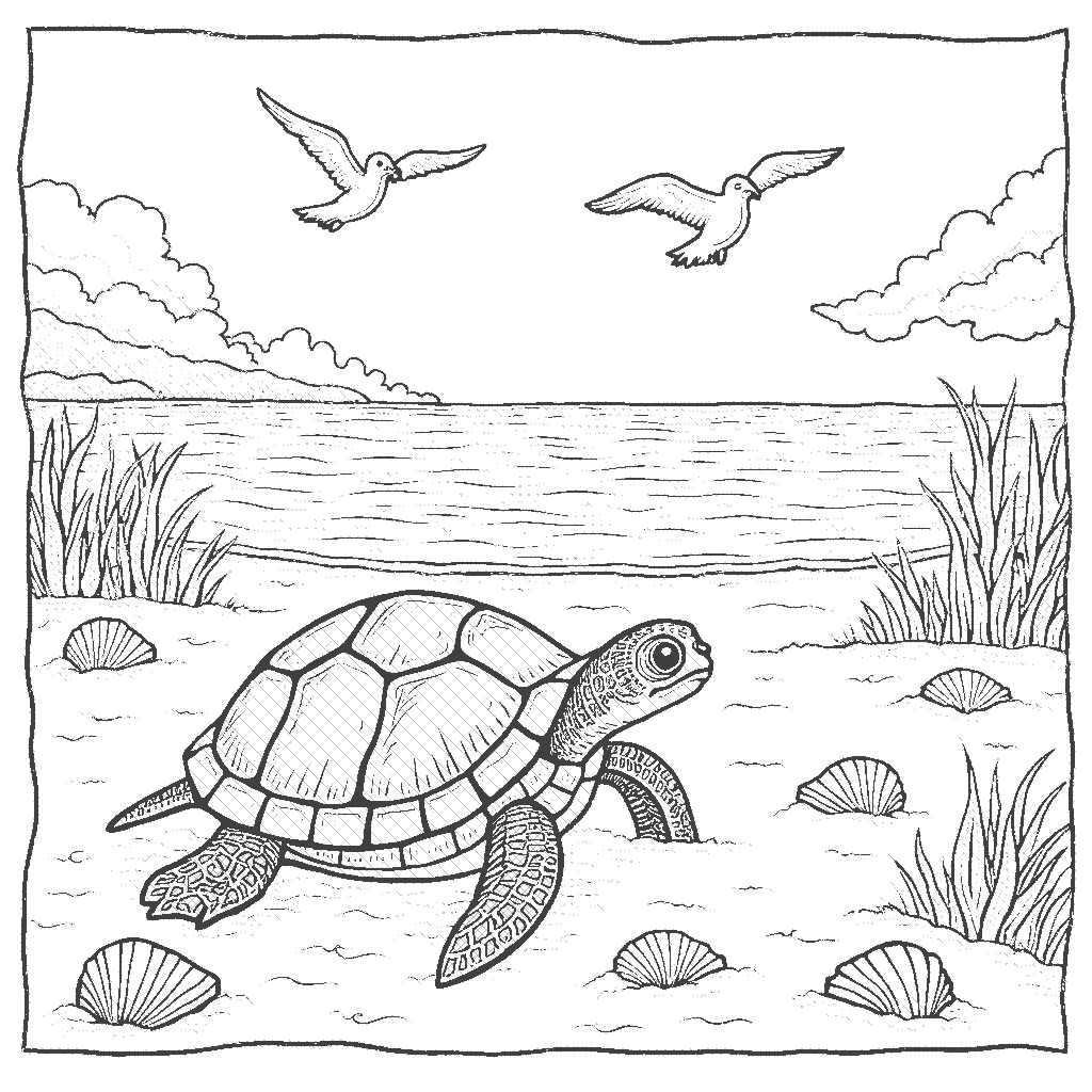 Coloring Page: Turtle on the Beach - A curious turtle is making its way across a sandy beach, heading towards the shimmering ocean, with seagulls flying overhead and seashells scattered around.