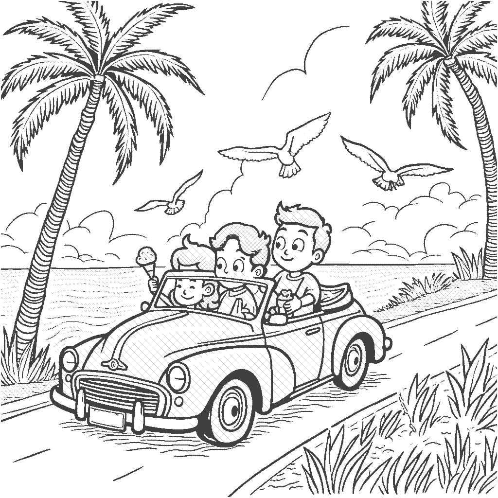 Coloring Page: Convertible Road Trip - A brightly colored convertible driving along a coastal highway. There are palm trees swaying in the breeze, and a group of cheerful seagulls flying above. Inside the car, a family is enjoying their road trip with ice cream cones.