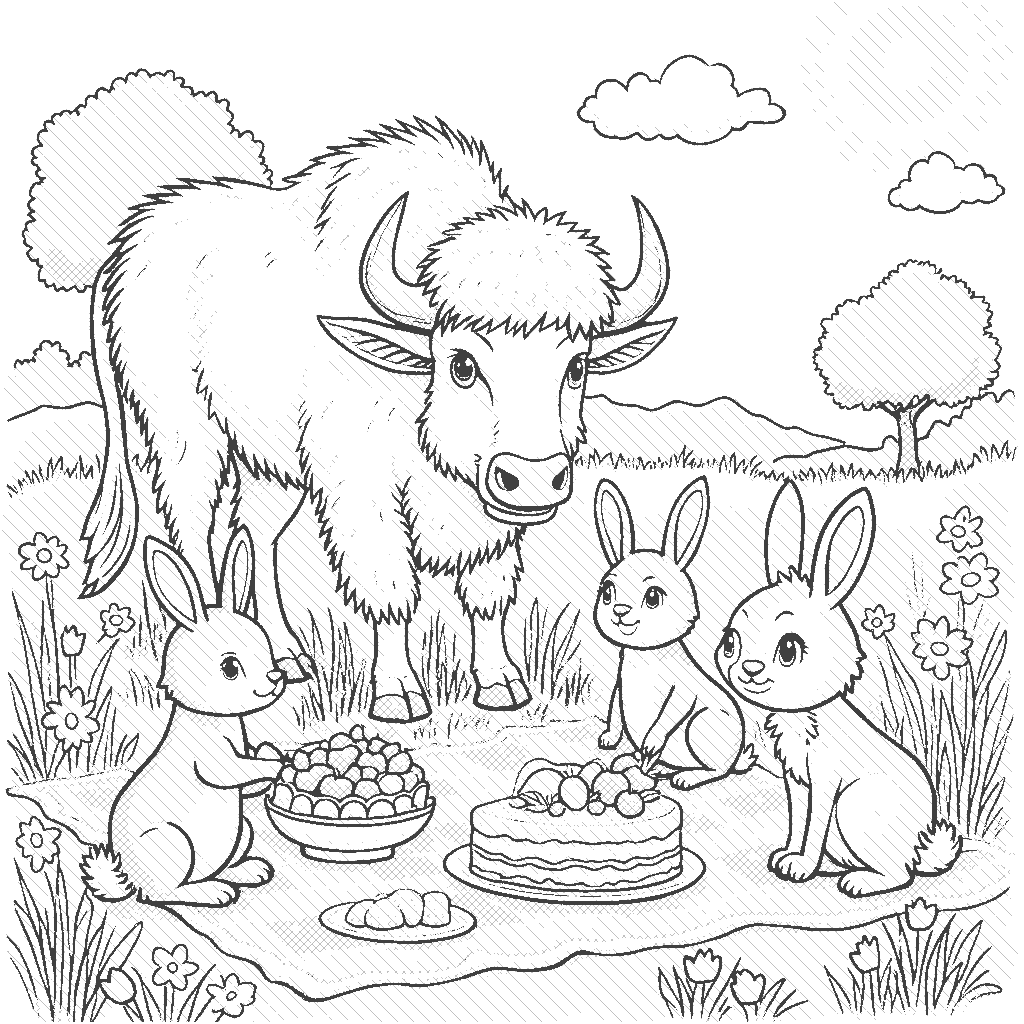 Coloring Page: Buffalo Picnic - A big, fluffy buffalo hosts a picnic in a sunny meadow filled with flowers. All the woodland animals, including playful rabbits and curious deer, gather around, enjoying a feast of fruits and cakes.